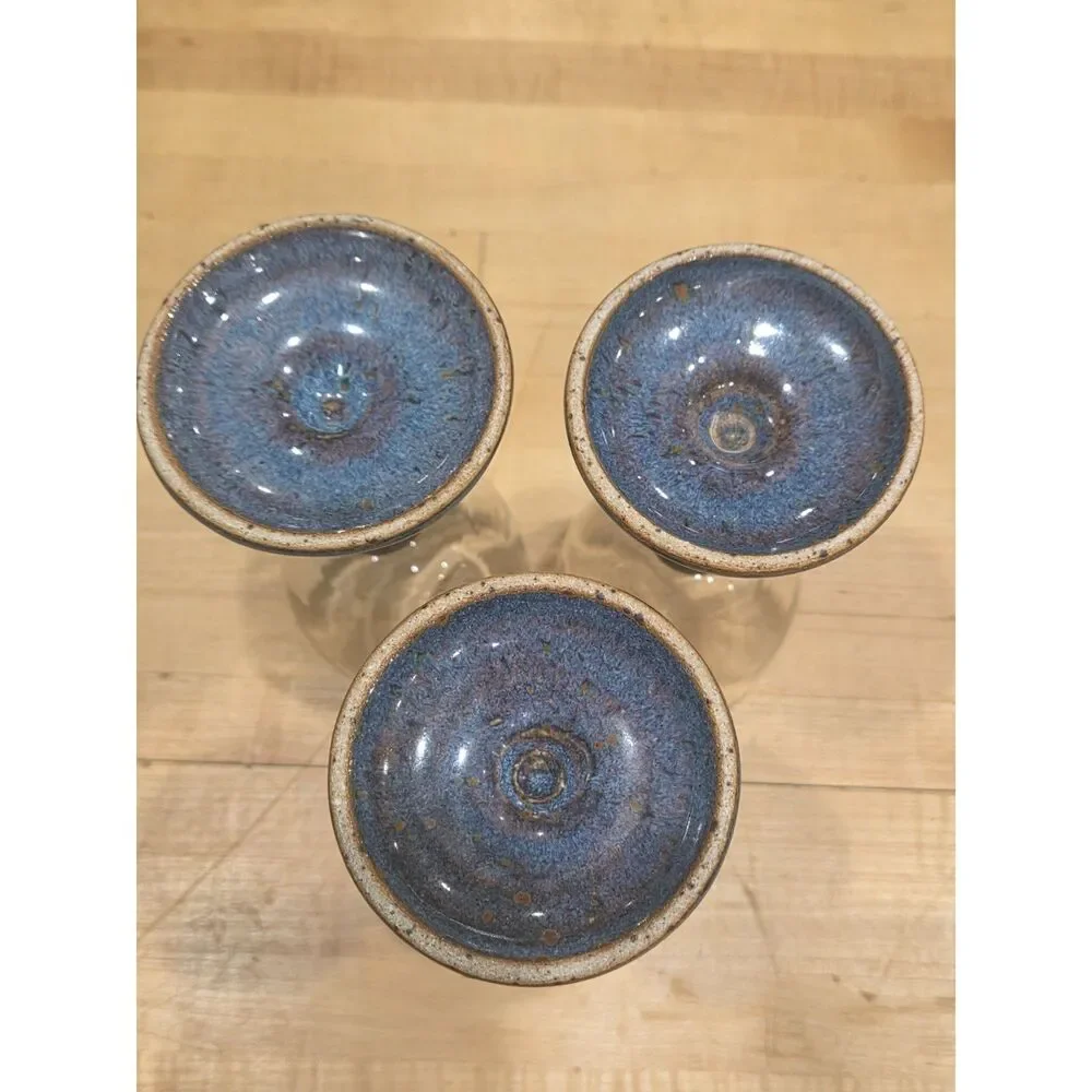Set of 3 Vintage Studio Pottery Stoneware Wine Glasses Blue Brown Drip Stem